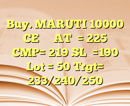 Buy. MARUTI 10000 CE
AT = 225
CMP= 219
SL =190
Lot = 50
Trgt= 233/240/250