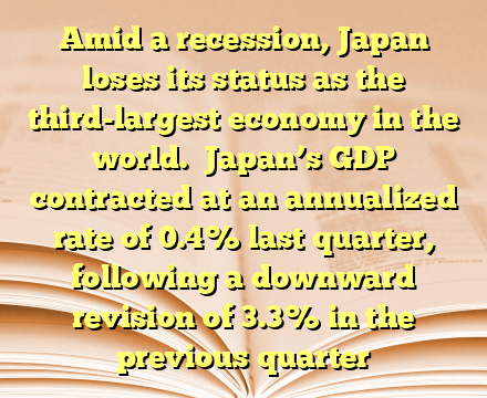 Amid a recession, Japan loses its status as the third-largest economy in the world. 
Japan’s GDP contracted at an annualized rate of 0.4% last quarter, following a downward revision of 3.3% in the previous quarter