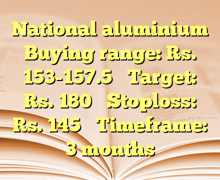 National aluminium

Buying range: Rs. 153-157.5 
 Target: Rs. 180 
 Stoploss: Rs. 145 
 Timeframe: 3 months
