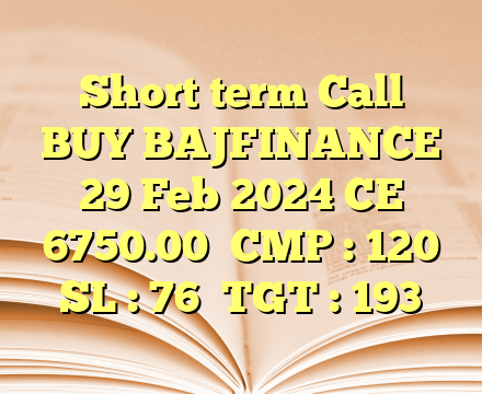 Short term Call

BUY BAJFINANCE 29 Feb 2024 CE 6750.00

CMP : 120

SL : 76

TGT : 193