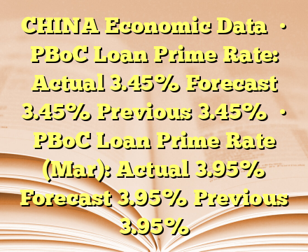 CHINA Economic Data

• PBoC Loan Prime Rate: Actual 3.45% Forecast 3.45% Previous 3.45%

• PBoC Loan Prime Rate (Mar): Actual 3.95% Forecast 3.95% Previous 3.95%