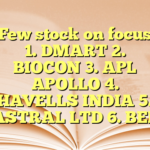 Few stock on focus 

1. DMART
2. BIOCON
3. APL APOLLO
4. HAVELLS INDIA
5. ASTRAL LTD
6. BEL