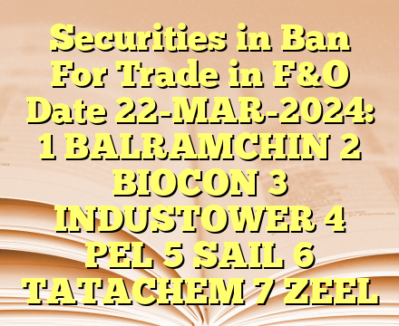 Securities in Ban For Trade in F&O Date 22-MAR-2024: 
1 BALRAMCHIN
2 BIOCON
3 INDUSTOWER
4 PEL
5 SAIL
6 TATACHEM
7 ZEEL