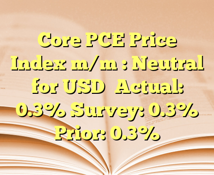 Core PCE Price Index m/m : Neutral for USD

Actual: 0.3%
Survey: 0.3%
Prior: 0.3%