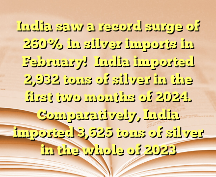 India saw a record surge of 260% in silver imports in February! 
India imported 2,932 tons of silver in the first two months of 2024.
Comparatively, India imported 3,625 tons of silver in the whole of 2023