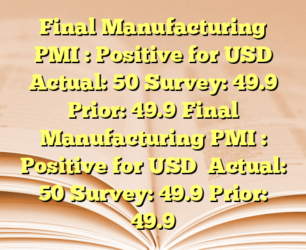 Final Manufacturing PMI : Positive for USD

Actual: 50
Survey: 49.9
Prior: 49.9 Final Manufacturing PMI : Positive for USD

Actual: 50
Survey: 49.9
Prior: 49.9