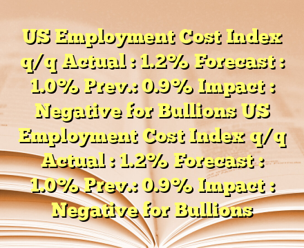 US Employment Cost Index q/q
Actual : 1.2%
Forecast : 1.0%
Prev.: 0.9%
Impact : Negative for Bullions US Employment Cost Index q/q
Actual : 1.2%
Forecast : 1.0%
Prev.: 0.9%
Impact : Negative for Bullions