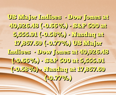 US Major Indices

• Dow Jones at 40,926.48 (-0.66%)
• S&P 500 at 5,555.91 (-0.58%)
• Nasdaq at 17,857.69 (-0.77%) US Major Indices

• Dow Jones at 40,926.48 (-0.66%)
• S&P 500 at 5,555.91 (-0.58%)
• Nasdaq at 17,857.69 (-0.77%)
