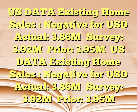 US DATA Existing Home Sales : Negative for USD

Actual: 3.86M

Survey: 3.92M

Prior: 3.95M
 US DATA Existing Home Sales : Negative for USD

Actual: 3.86M

Survey: 3.92M

Prior: 3.95M