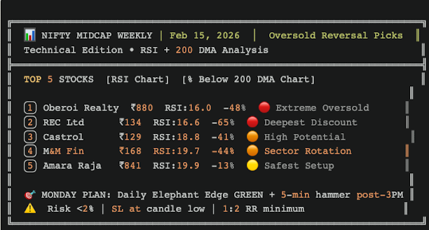 ╔══════════════════════════════════════════════════════════════════════╗ ║ 📊 NIFTY MIDCAP WEEKLY | Feb 15, 2026 │ Oversold Reversal Picks ║ ║ Technical Edition • RSI + 200 DMA Analysis ║ ╠══════════════════════════════════════════════════════════════════════╣ ║ TOP 5 STOCKS [RSI Chart] [% Below 200 DMA Chart] ║ ║ ║ ║ 1️⃣ Oberoi Realty ₹880 RSI:16.0 -48% 🔴 Extreme Oversold ║ ║ 2️⃣ REC Ltd ₹134 RSI:16.6 -65% 🔴 Deepest Discount ║ ║ 3️⃣ Castrol ₹129 RSI:18.8 -41% 🟠 High Potential ║ ║ 4️⃣ M&M Fin ₹168 RSI:19.7 -44% 🟠 Sector Rotation ║ ║ 5️⃣ Amara Raja ₹841 RSI:19.9 -13% 🟡 Safest Setup ║ ║ ║ ║ 🎯 MONDAY PLAN: Daily Elephant Edge GREEN + 5-min hammer post-3PM ║ ║ ⚠️ Risk