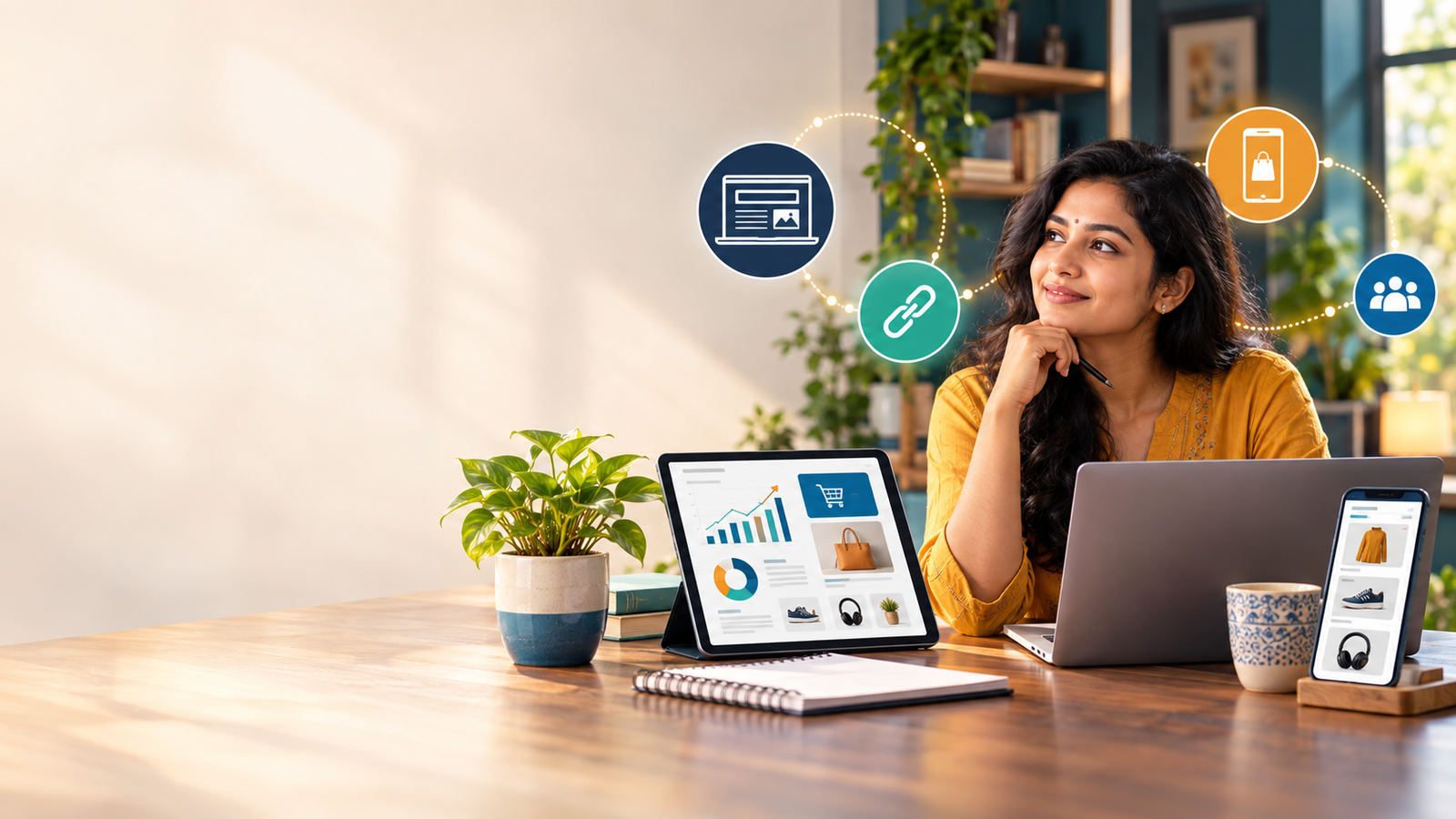 Indian creator reviewing affiliate marketing platforms on a laptop and mobile device