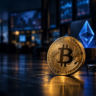 Bitcoin, Ethereum and Solana symbols on a financial screen illustrating crypto market volatility and digital-asset security