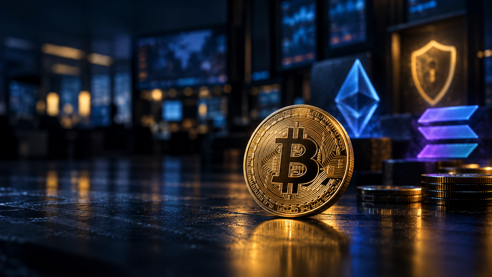 Bitcoin, Ethereum and Solana symbols on a financial screen illustrating crypto market volatility and digital-asset security