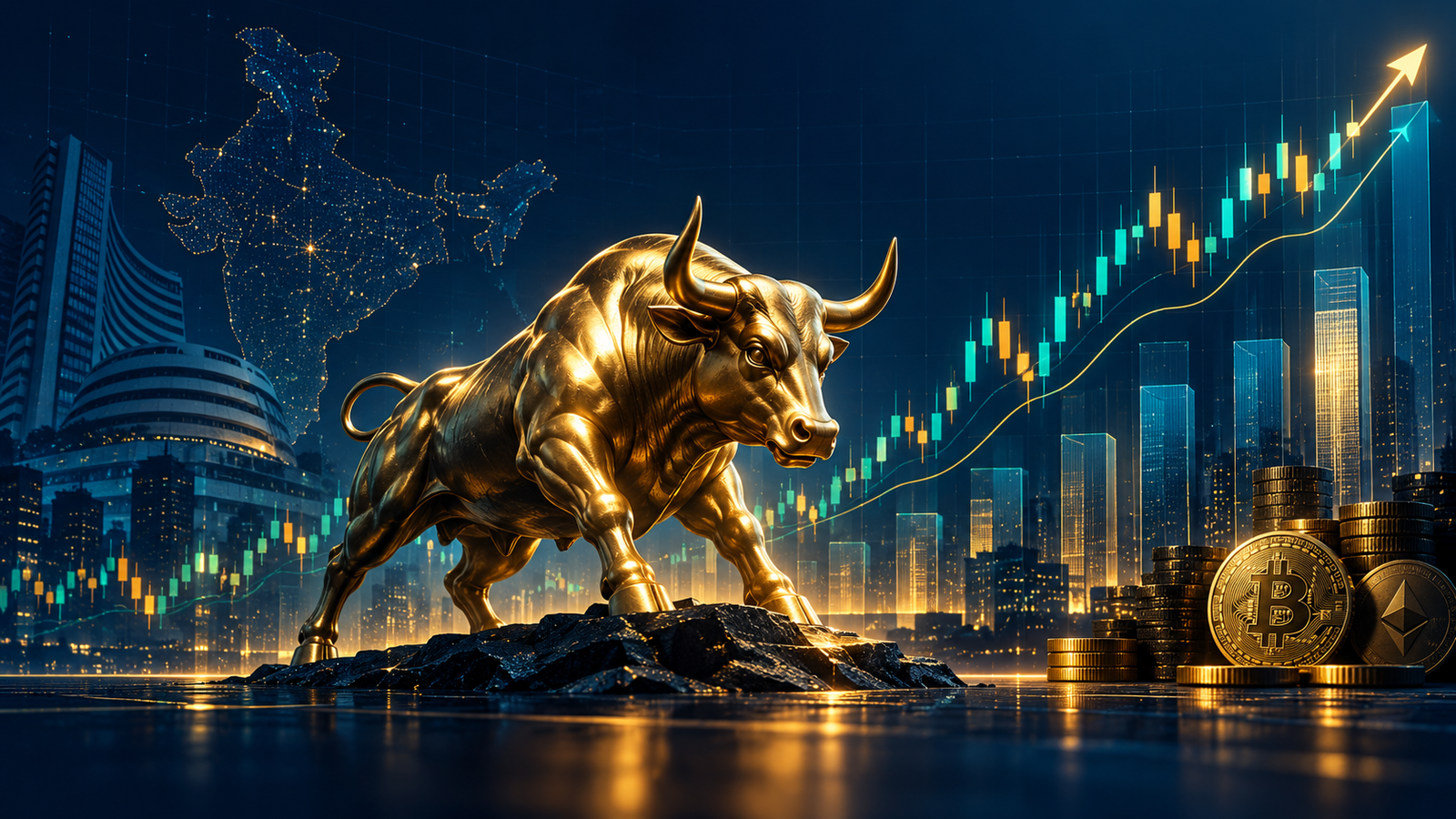 Indian market close with rising chart and cryptocurrency symbols