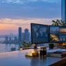 An Indian macro analyst reviews a global market dashboard, gold and energy research at a Mumbai desk at sunrise.