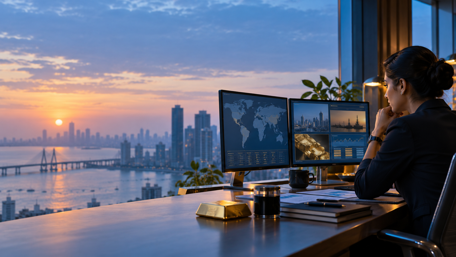 An Indian macro analyst reviews a global market dashboard, gold and energy research at a Mumbai desk at sunrise.